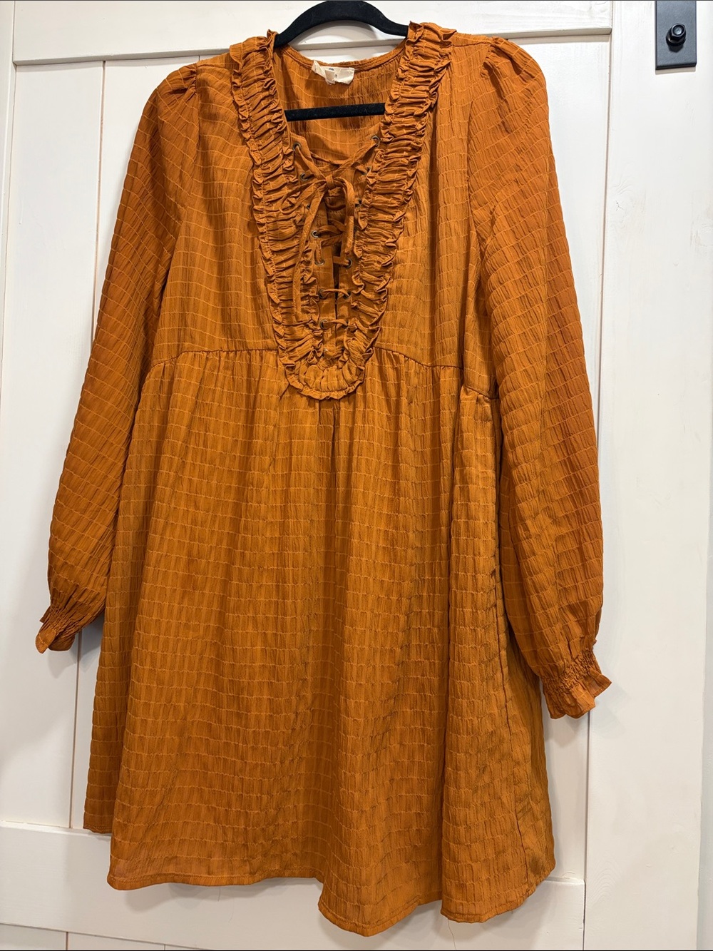 entro Burnt Orange Ruffle Tie-Neck Dress